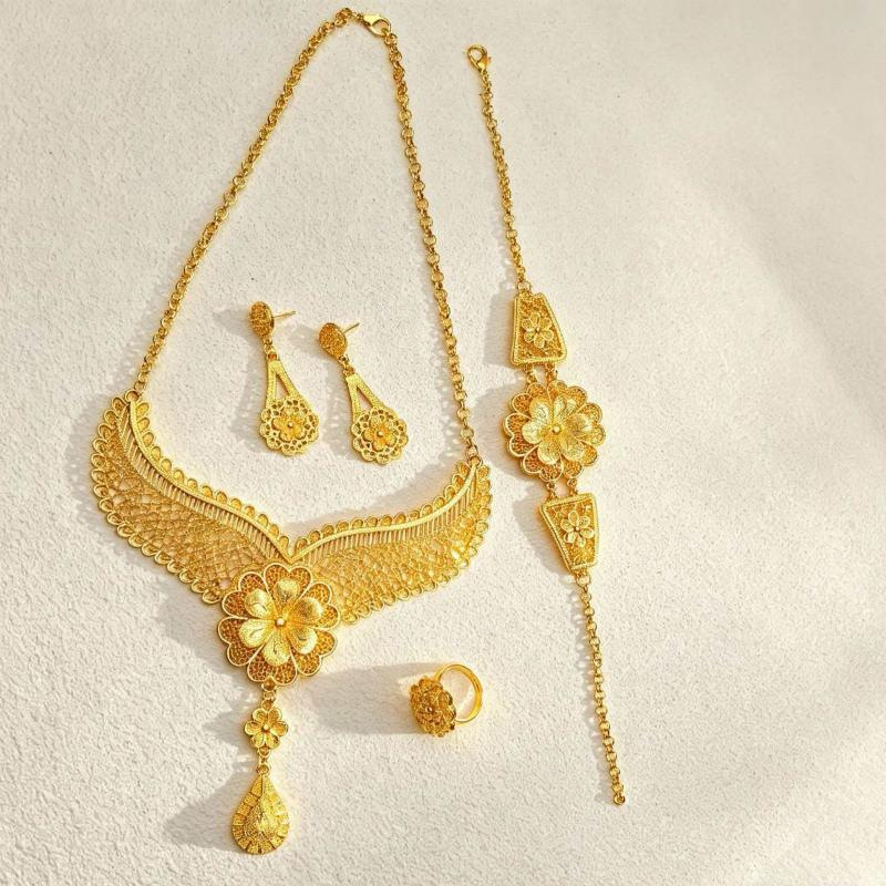 Bridal Jewelry Set for Women Arabian Floral Mesh Statement Necklace Earrings Ring Bracelet 4 PCS Traditional Saudi Wedding Jewelry Set