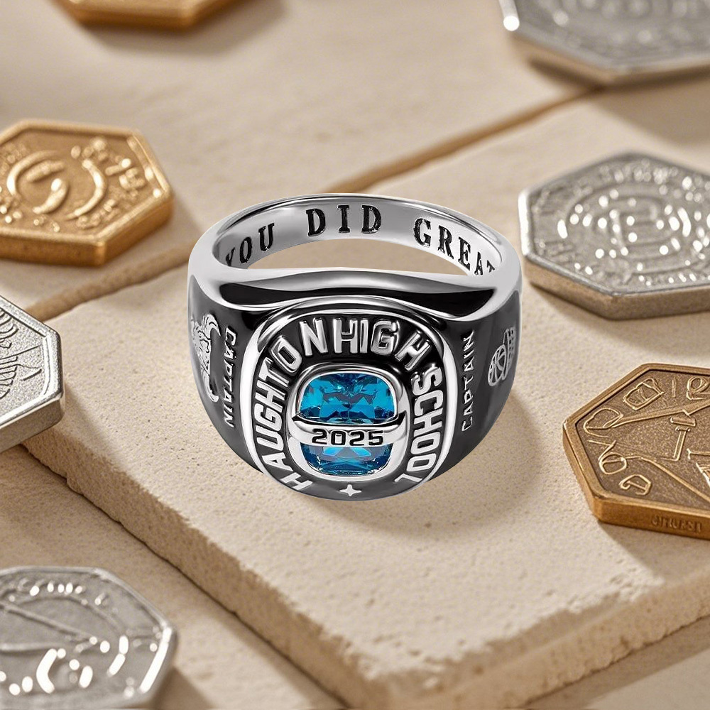 Personalized Birthstone Class Signet Ring with Engraved Symbol Name and Text Class of 2025 Graduation Gift for High School University Graduates