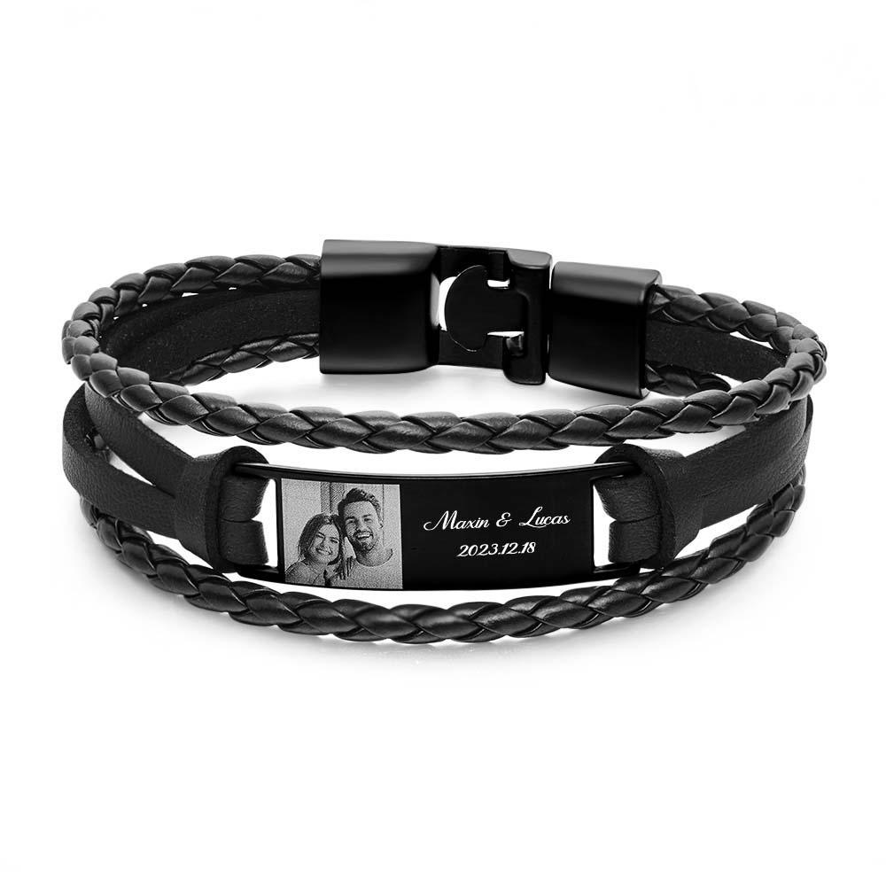 Custom Men's Bracelets Photo Leather Engraved Name and Date Men's Bracelet Best Valentine's Day Gifts for Him