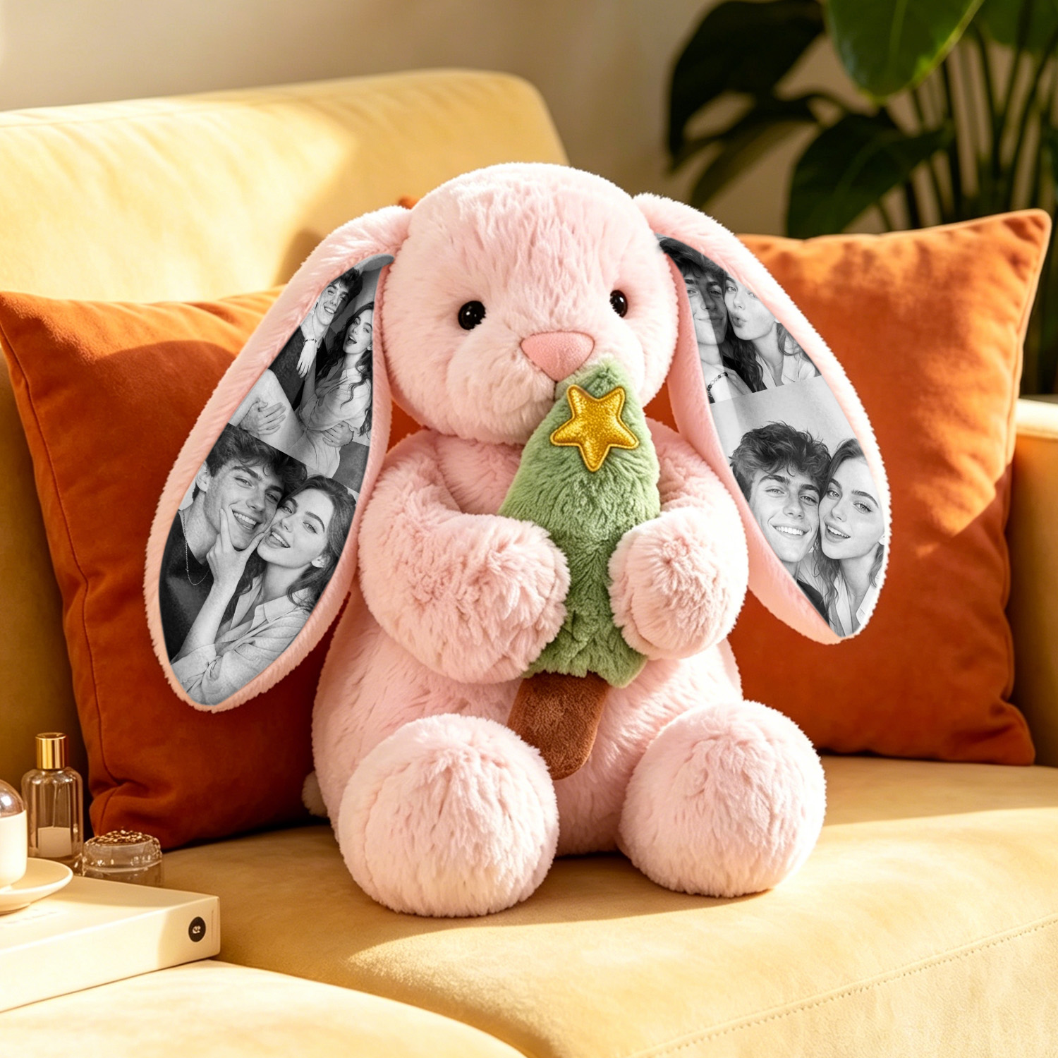 Custom Photo Red Love Heart Bunny Plush Personalized Hidden Ear Picture Bunny Gift for Couples Anniversary Gifts
