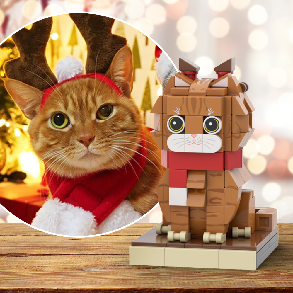 Christmas Cat With Scarf And Reindeer Accessories Fully Body Customizable 1 Cat Personalized X-Mas Cat Photo CustomBrick Figures Small Particle Block Customized Cat Only - soufeelus
