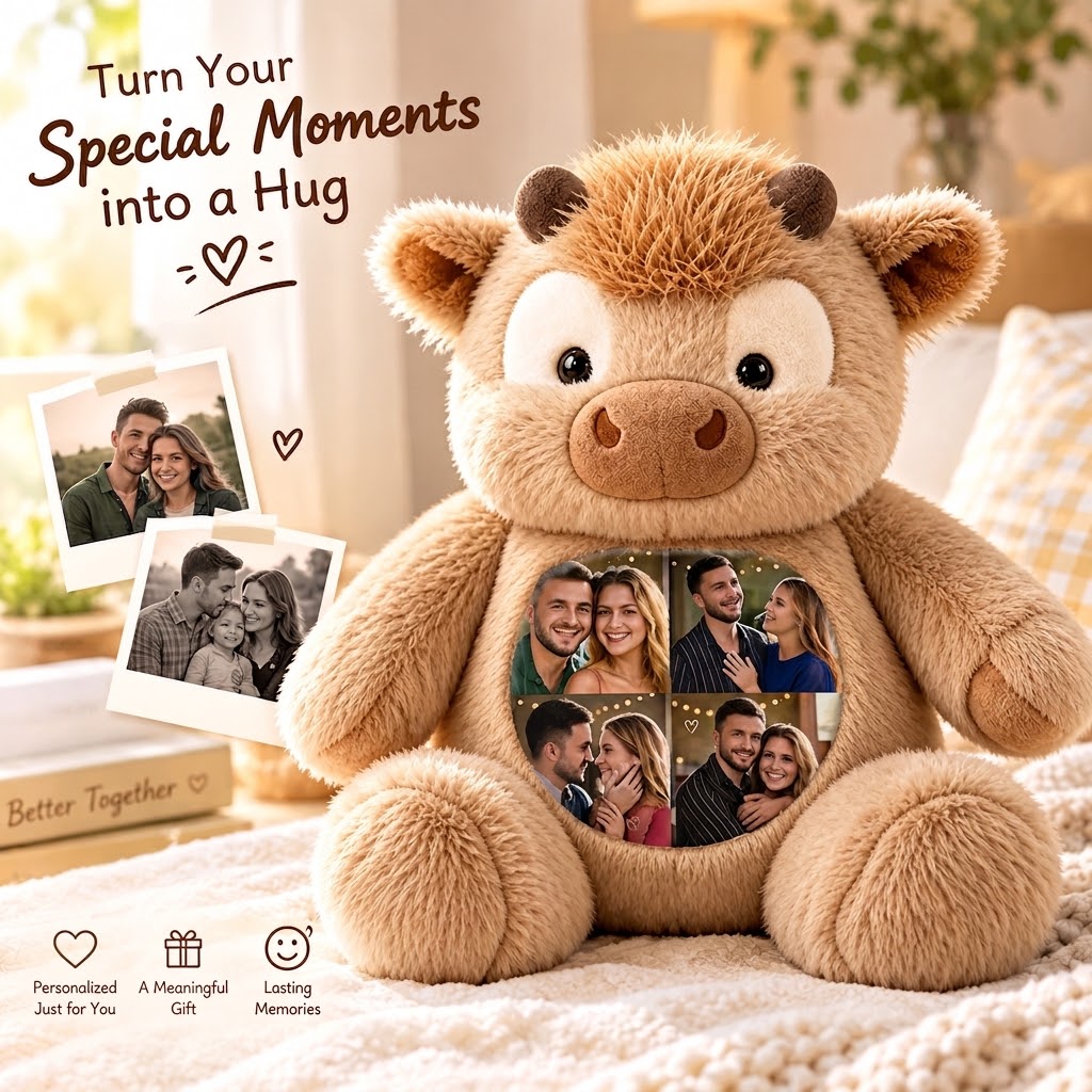 Custom Photo Highland Cow Plush Toy Personalized Picture Stuffed Highland Cattle Cute Family & Anniversary Keepsake Gift for Kids & Couples