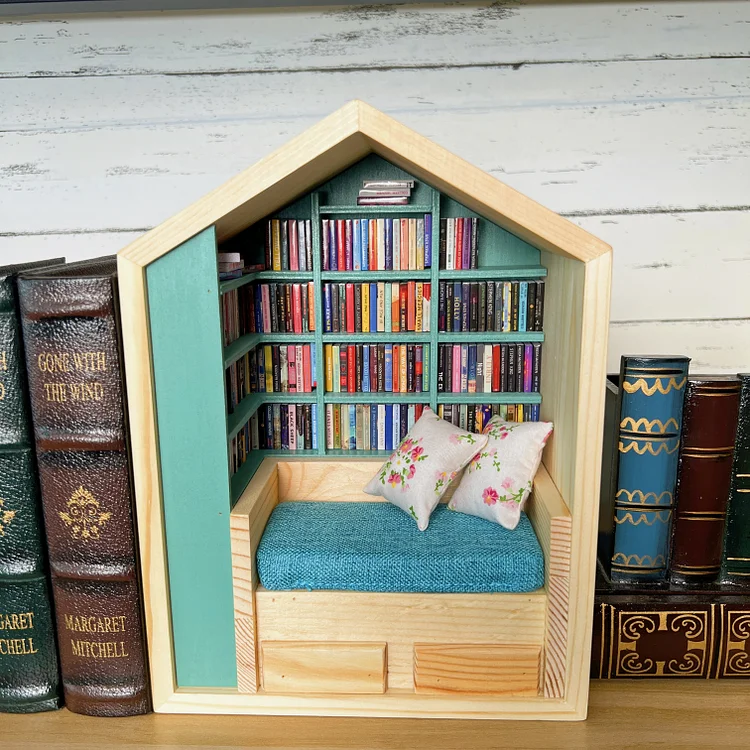 Handcrafted Mini Room Box Detailed Wooden Scene With 260+ Mini Books and 2 Cushions