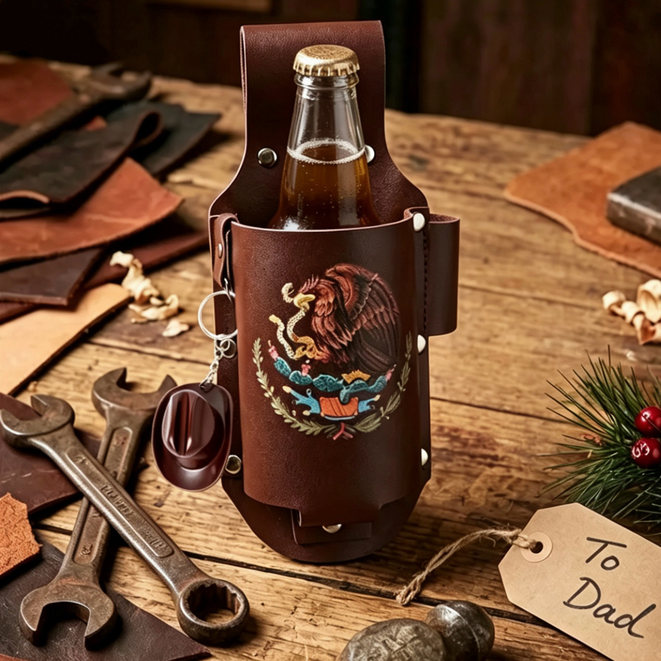 Leather Drink Holster Belt Hands-Free Bottle Holder with Cowboy Hat Bottle Opener Outdoor Party Gift for Men