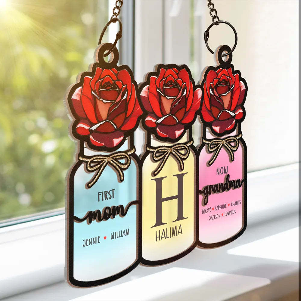 Monogram Flower Jar First Mom Now Grandma Personalized Window Hanging Suncatcher Ornament