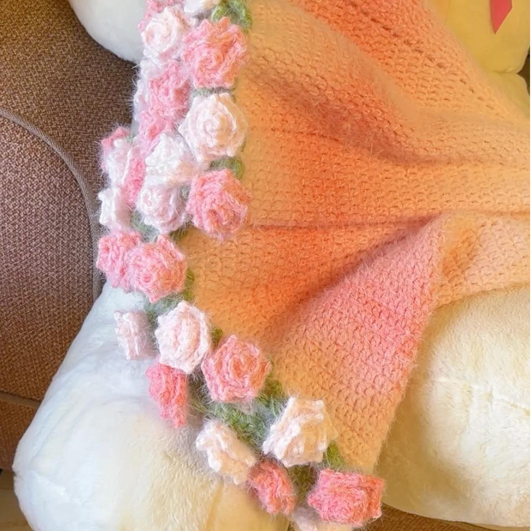 Knitted Gradient Bouquet Blanket DIY Material Kit Rose Bouquet Blanket With Yarn and Knitting Tools