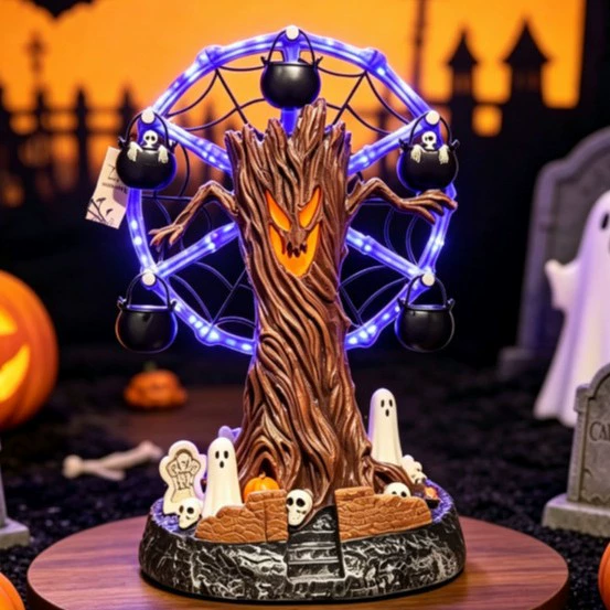 Lighted Halloween Spooky Tree Ferris Wheel Figurine LED Glowing Haunted Tree & Witch Cauldron Ferris Wheel Tabletop Centerpiece Animated Halloween Decor