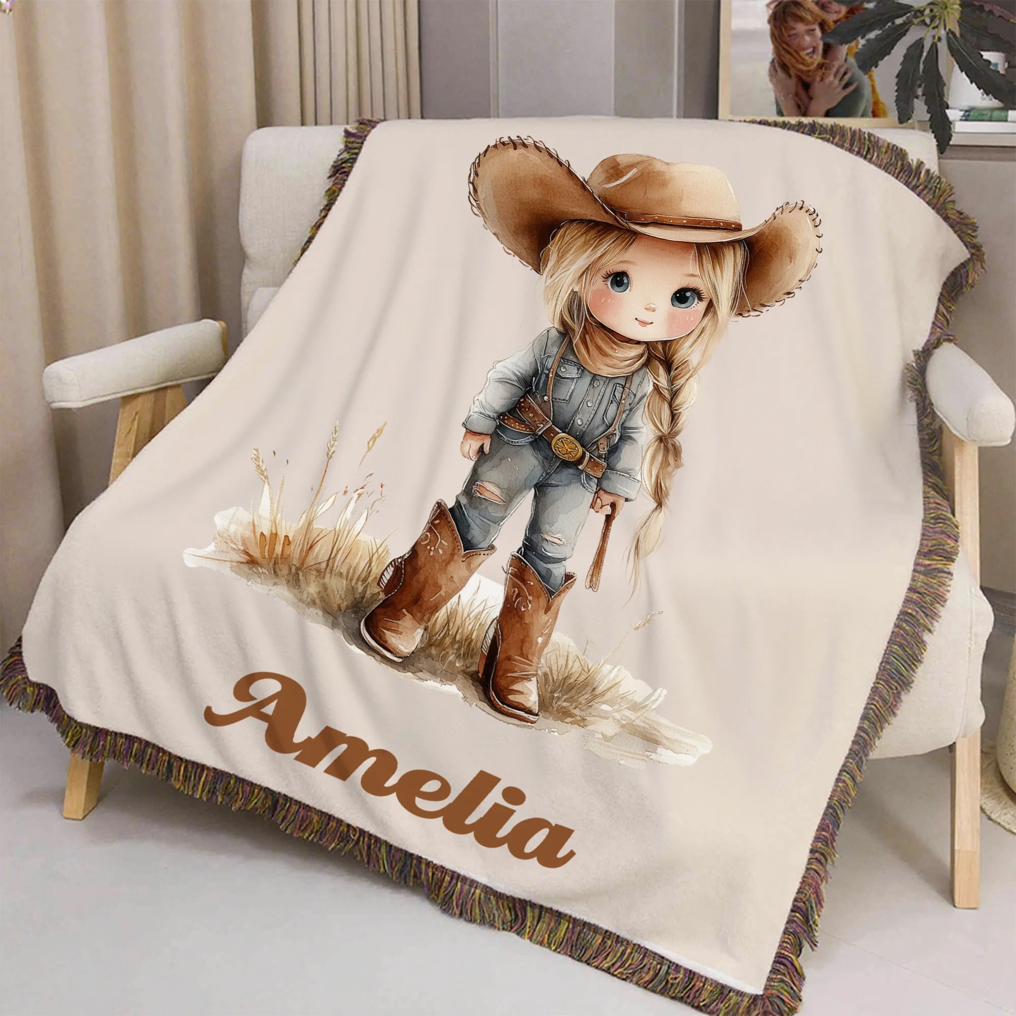 Personalized Cute Cartoon Cowboy Cowgirl Tassel Soft Flannel Blanket with Name, Home Decoration, Birthday Gift for Kids/Cowboy Lovers