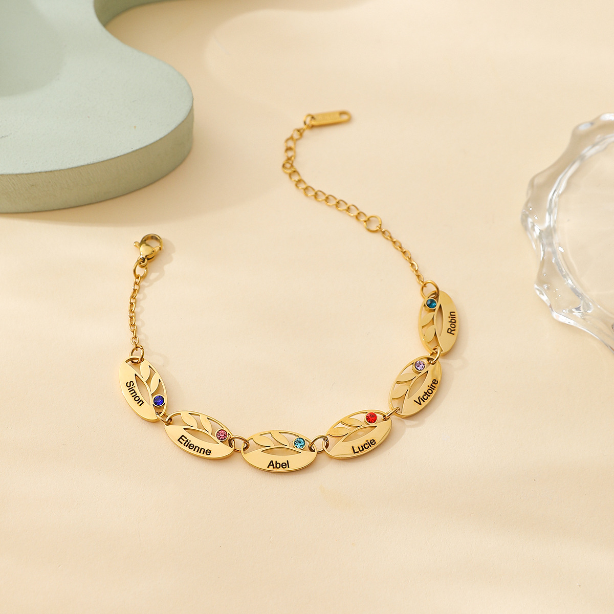 Personalized Leaf Bracelet with Birthstones, Custom Name Engraved Family Jewelry, Mother’s Day Gift
