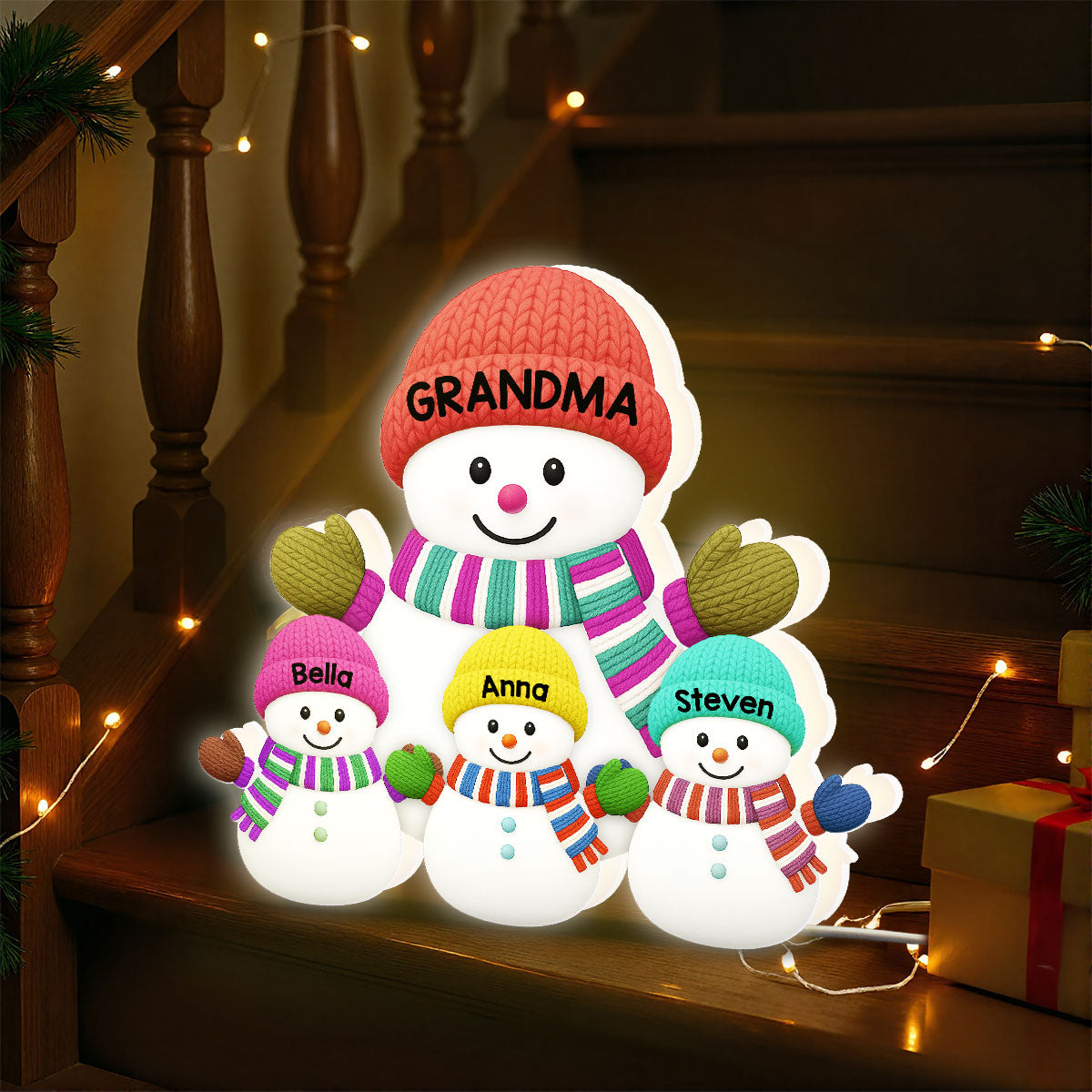3D Effect Heartwarming Christmas Grandma Grandkids Snowman Together - Personalized Light Box - Gift For Grandmas