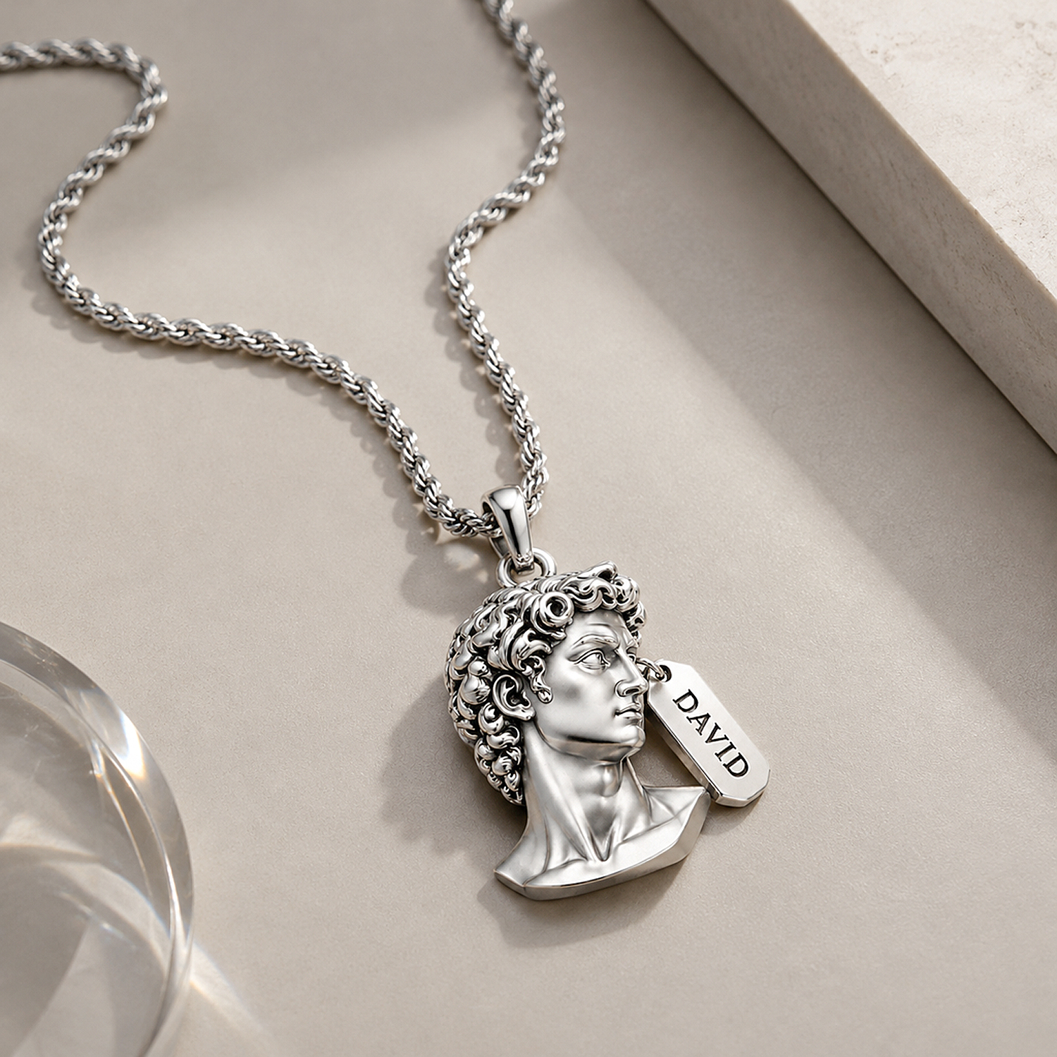 Custom Engraved David Statue Necklace in Solid 925 Silver - Classical Sculpture Pendant, Heavy Silver, Built to Age With You