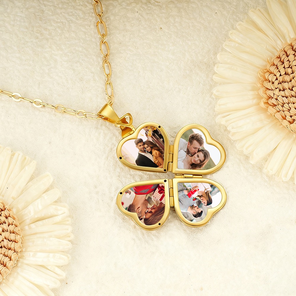 Custom Photo Necklace Personalized Foldable Heart Locket Four Leaf Clover Lucky Jewelry Gift for Couple for Family