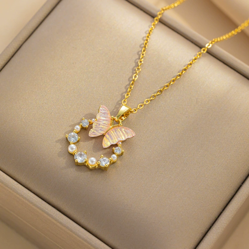 Iridescent Butterfly Pearl Wreath Necklace | Non-Tarnish Stainless Steel Aurora Crystal Pendant Jewelry