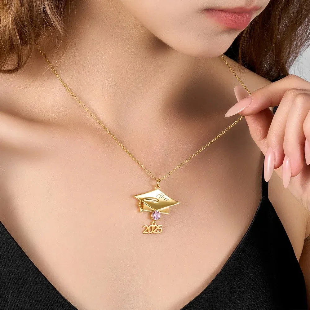 Personalized Graduation Cap Pendant Necklace Custom Birthstone & Name Sterling Silver Necklace Graduation Jewelry Gift for Her/Girlfriend/Daughter