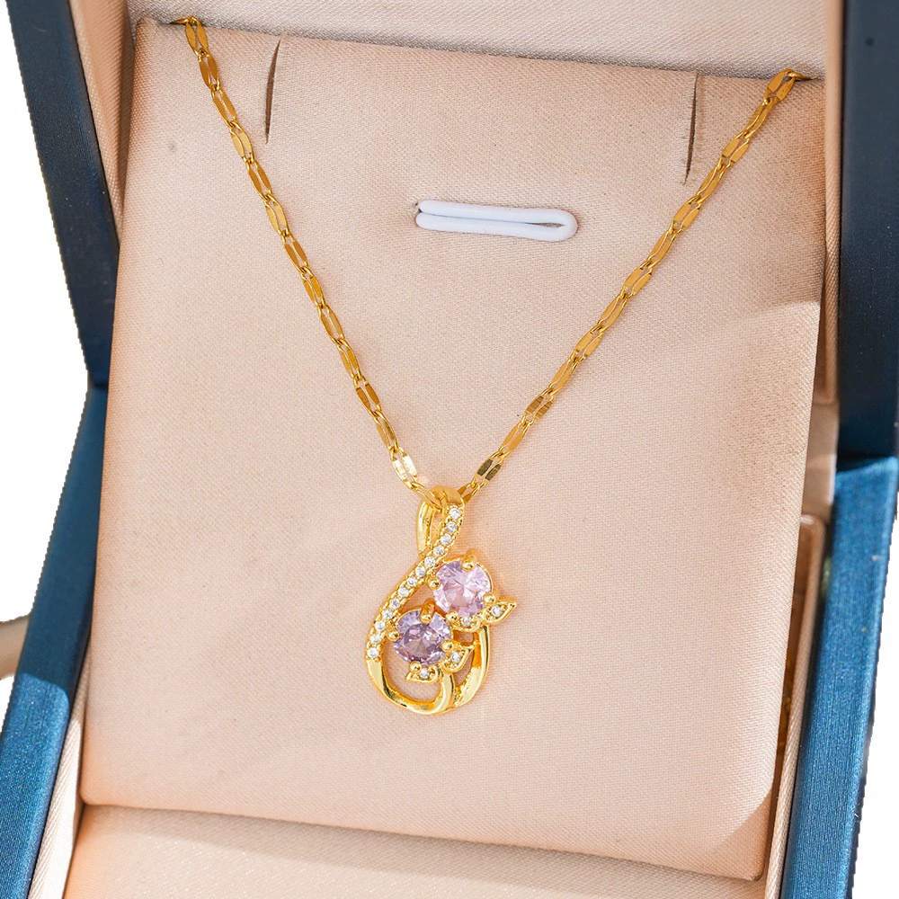 Zirconia Pendant Necklace – Colorful Stone Design, Minimalist Luxury Titanium Steel Chain for Women