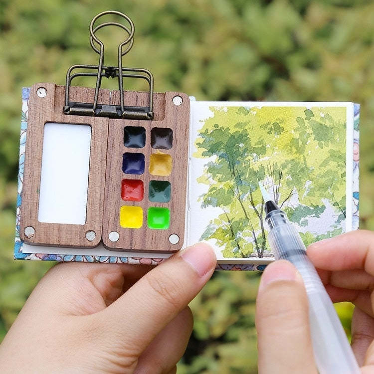Mini Walnut Color Box Watercolor Package 8 Colors Portable Sketch Journal Book Travel Watercolor Painting Set