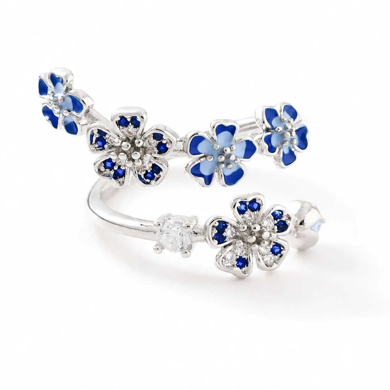 Blue Floral Adjustable Wrap Ring Blue Enamel Flower Ring Botanical Ring Jewelry Gift for Her