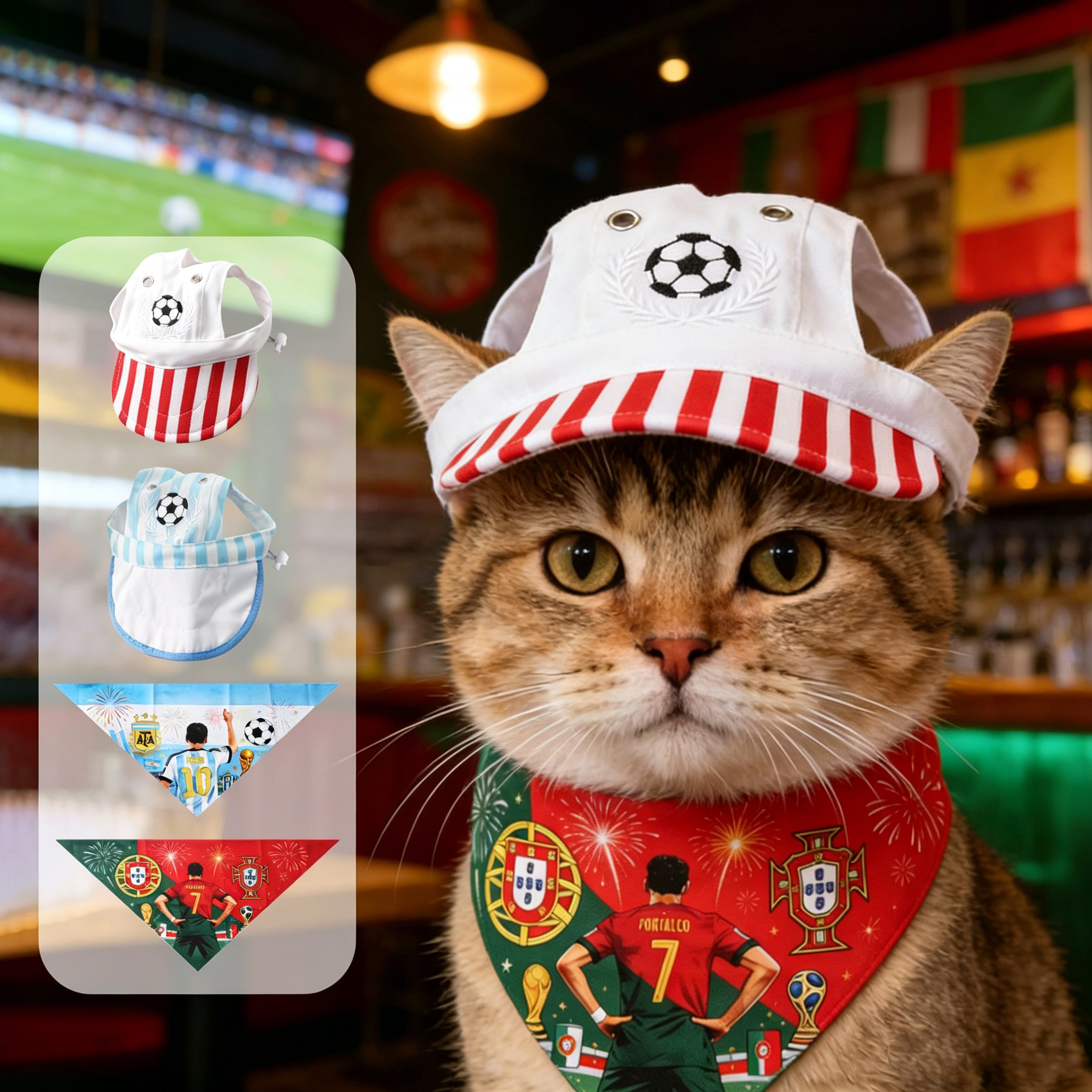 Football Fever Soccer Pet Fan Set – National Team Dog Bandana & Matching Ear-Hole Sun Hat for Cats and Dogs