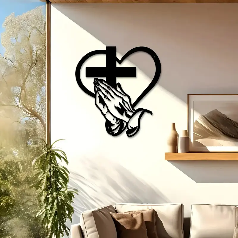 Elegant Metal Christian Heart & Cross Wall Art Praying Hands Design Indoor Outdoor Iron Sculpture Perfect for Living Room Garden Office Farmhouse Decor