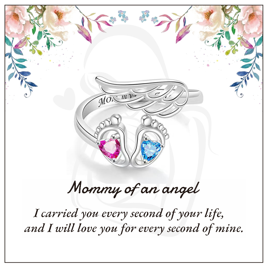 Mommy of an Angel Remembrance Ring Adjustable Angel Wing Baby Feet Heart Ring Miscarriage Infant Loss Memorial Jewelry Gift for Grieving Mothers