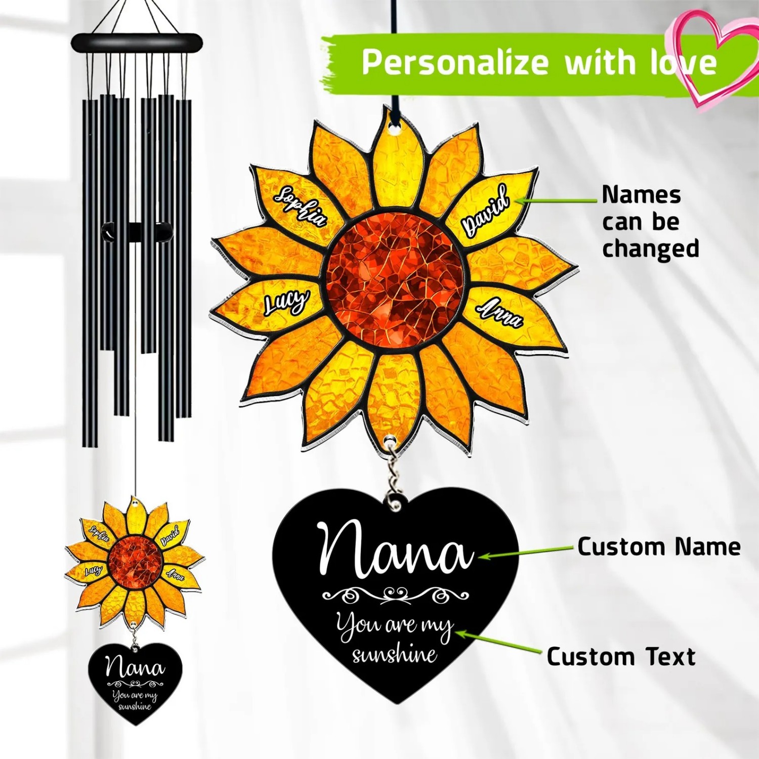 Custom Grandkids Names Personalized Nana Sunflower Wind Chime You are My Sunshine Gift for Grandma