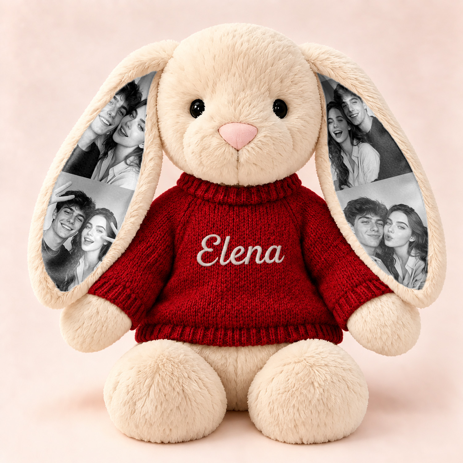Personalized Photo Bunny Stuffed Animal with Embroidered Name Red Christmas Sweater - Custom Photo Long Ear Rabbit Plush Doll Christmas Gifts