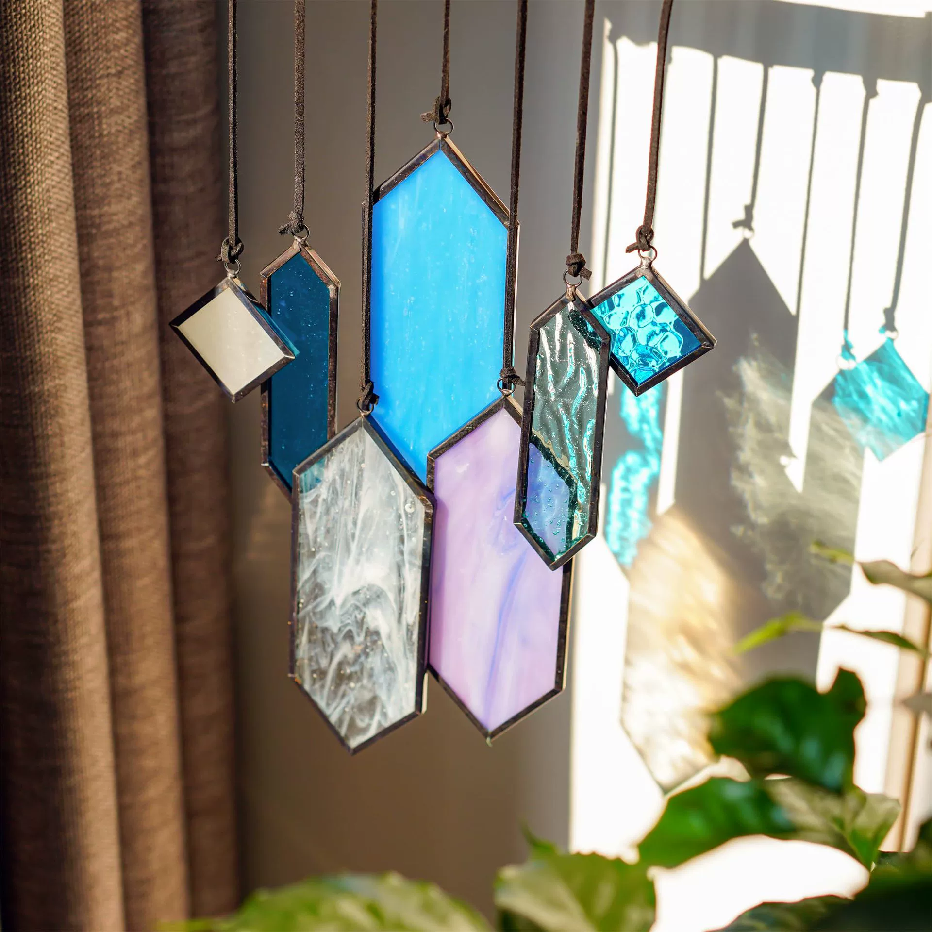 Stained Glass Suncatcher, Blue Teal Geometric Window Hanging, Glass Hanging Decor, Garden Patio Gift for Her