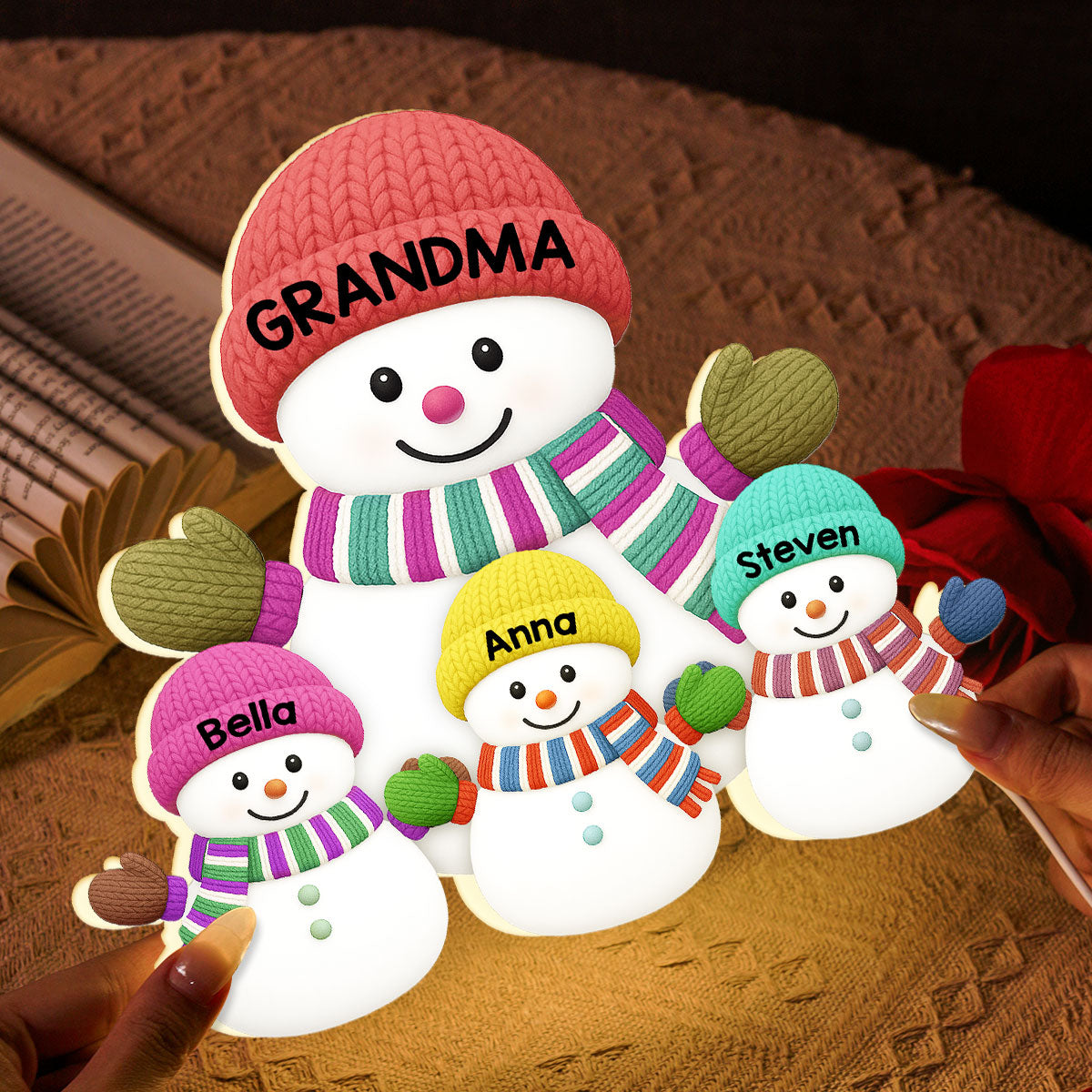 3D Effect Heartwarming Christmas Grandma Grandkids Snowman Together - Personalized Light Box - Gift For Grandmas