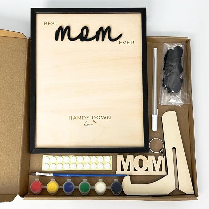 Hands Down Best Mom Ever DIY Handprint Kit with Non-Toxic Paints Art Craft Family Keepsake Wood Frame Mother's Day Gift Family Memories Sign with Kids Names