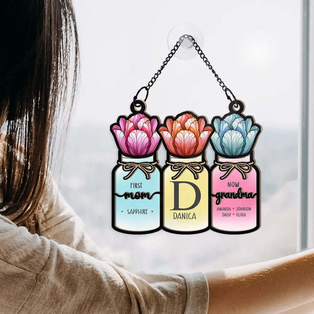 Monogram Flower Jar First Mom Now Grandma Personalized Window Hanging Suncatcher Ornament