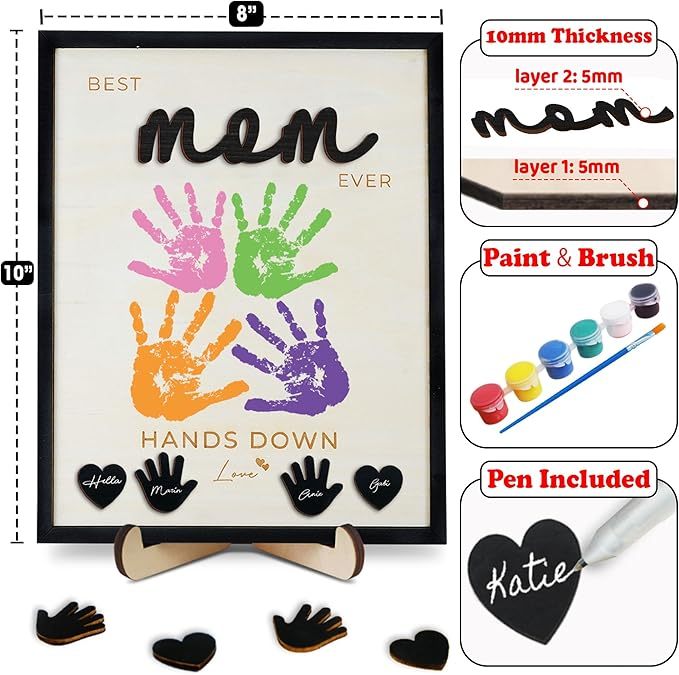 Hands Down Best Mom Ever DIY Handprint Kit with Non-Toxic Paints Art Craft Family Keepsake Wood Frame Mother's Day Gift Family Memories Sign with Kids Names