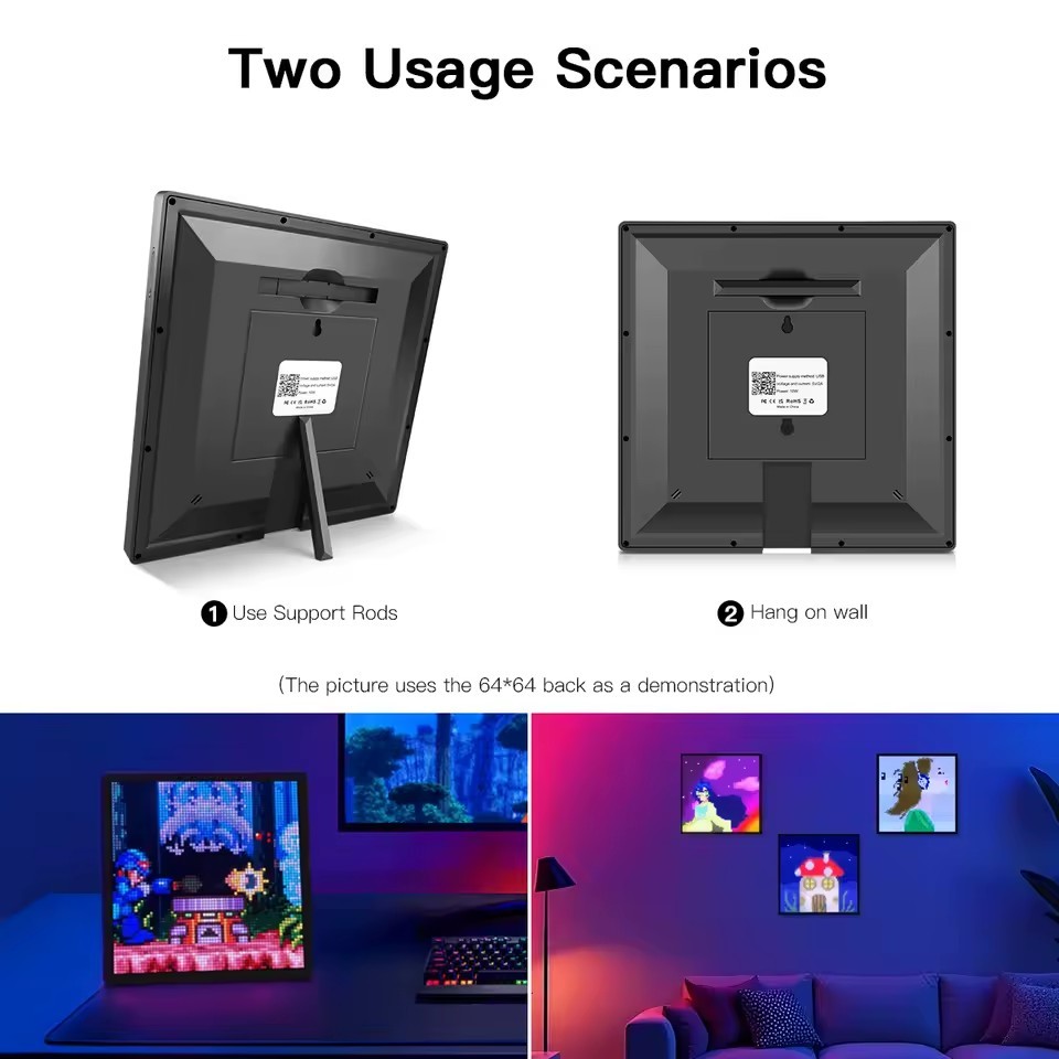 64x64 Pixel LED Screen Smart RGB USB ED Pixel Display Frame 16x16 32x32 DIY Graffiti Patterns Text for Gaming Room Decor Clock