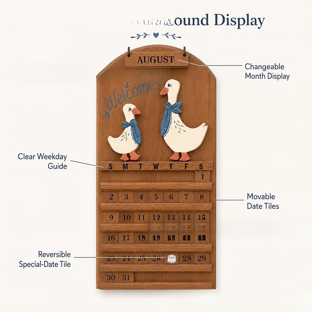 Wooden Goose Couple Calendar Vintage Perpetual Wall Calendar Cozy Farmhouse Goose Family Wooden Perpetual Block Calendar Wall Hanging Decor Housewarming Gift
