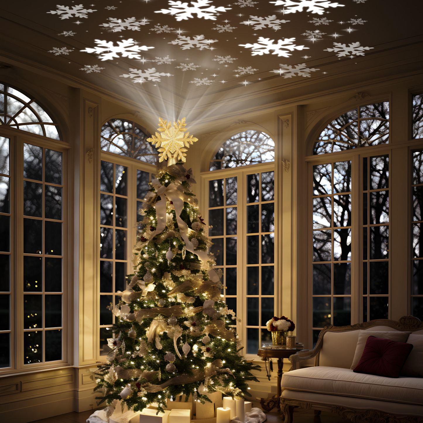 Christmas Tree Topper Lighted with Built-in Projection 3D Glitter LED Tree Top Projector for Christmas Tree Xmas Holiday Winter Home Wonderland Party Ornament