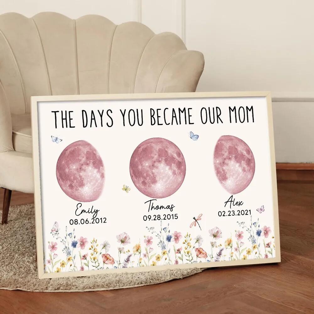 Personalized Pink Moon Phase Custom Birth Moon Beautiful Hill At Night With Kids Names Ideal Gifts for Mother's Day Gifts