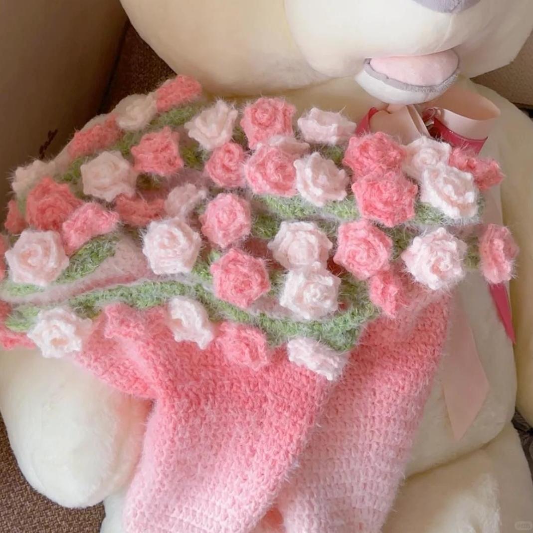 Knitted Gradient Bouquet Blanket DIY Material Kit Rose Bouquet Blanket With Yarn and Knitting Tools