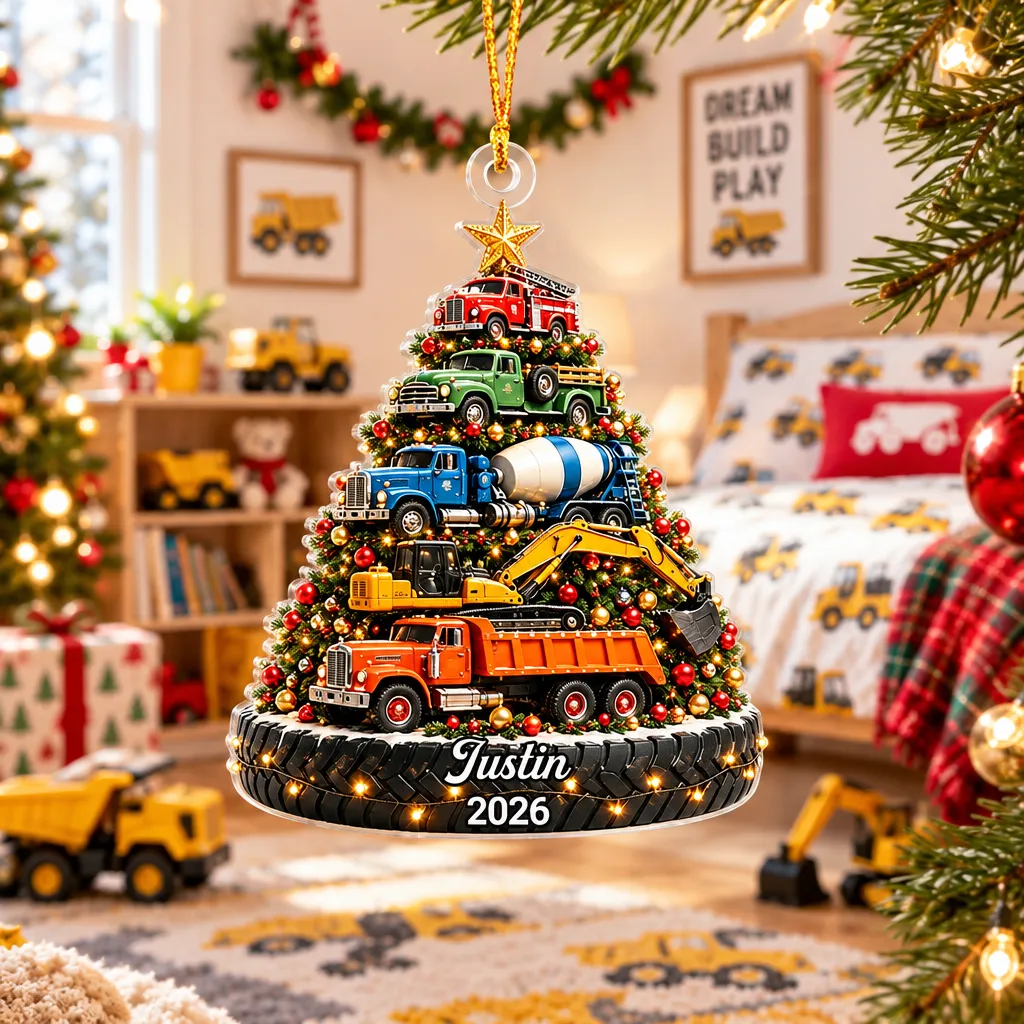 Personalized Excavator Christmas Ornament – Custom Construction Truck Tree Decoration for Kids