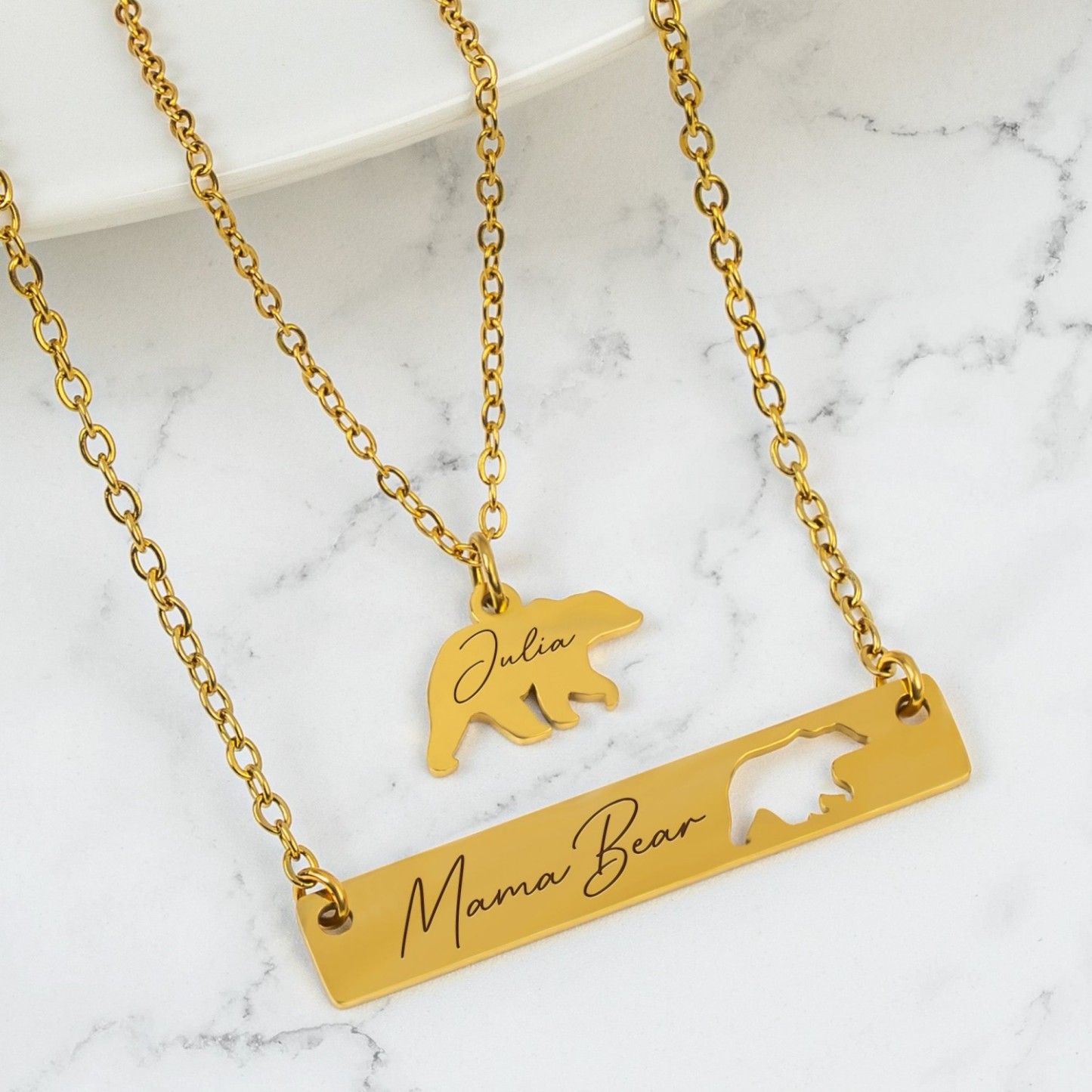 Custom Name Engraved Mama Bear Necklace Set - Mother's Day Gift