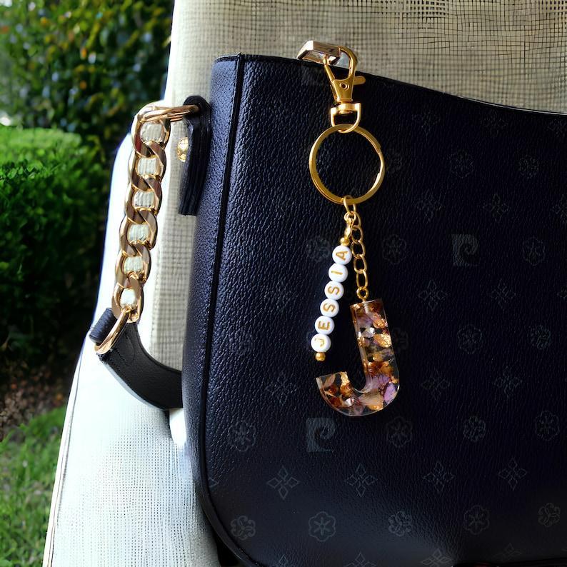 Personalized Name Bead Bag Charm Resin Letter Key Chain Initial Keyring Car Accessory Custom Purse Charm Diaper Bag Tag, Bridesmaid Gifts