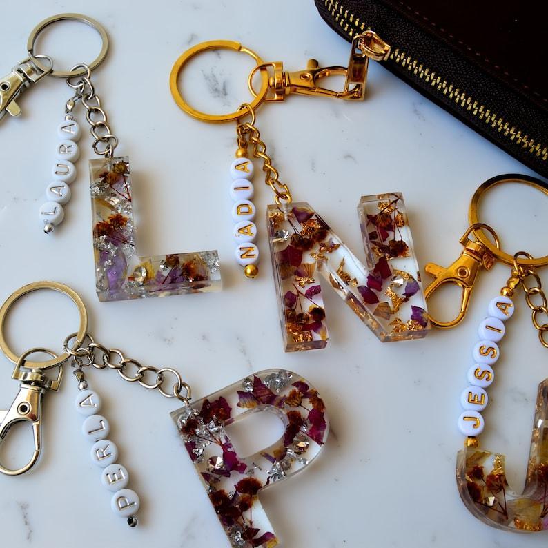 Personalized Name Bead Bag Charm Resin Letter Key Chain Initial Keyring Car Accessory Custom Purse Charm Diaper Bag Tag, Bridesmaid Gifts