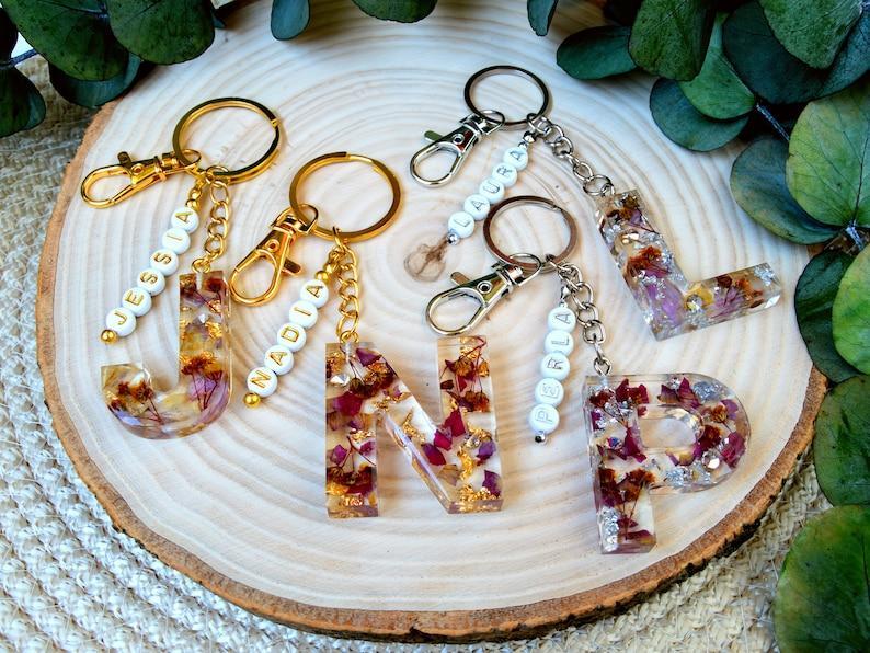 Personalized Name Bead Bag Charm Resin Letter Key Chain Initial Keyring Car Accessory Custom Purse Charm Diaper Bag Tag, Bridesmaid Gifts