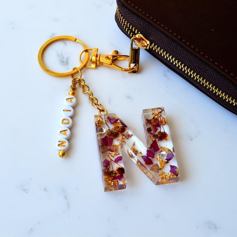 Personalized Name Bead Bag Charm Resin Letter Key Chain Initial Keyring Car Accessory Custom Purse Charm Diaper Bag Tag, Bridesmaid Gifts