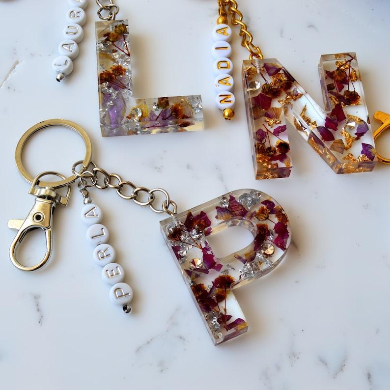 Personalized Name Bead Bag Charm Resin Letter Key Chain Initial Keyring Car Accessory Custom Purse Charm Diaper Bag Tag, Bridesmaid Gifts