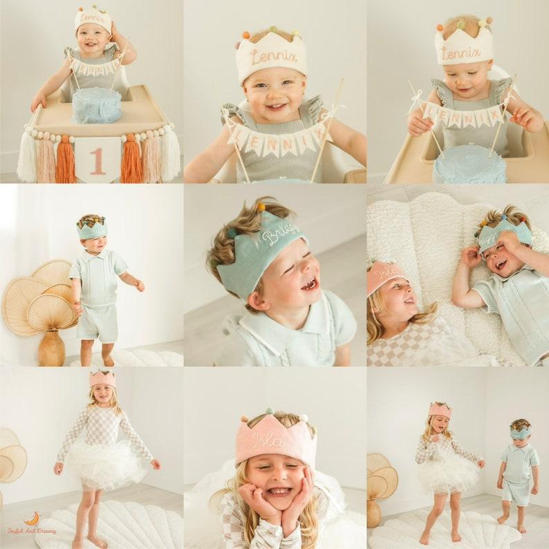 Hand Embroidered Linen Crown for Kids and Children's Birthdays, Personalized Gifts | Keepsake for First Birthday Party | Neutral Birthday
