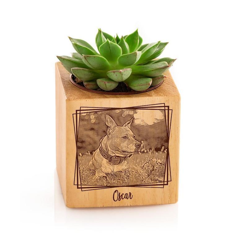Custom Pet Portrait Planter, Dog Cat Mom Portrait, Wood Plant Pot, Pet Loss Gift, Pet Memorial Gift, Engraved Photo as Office Desk Decor.