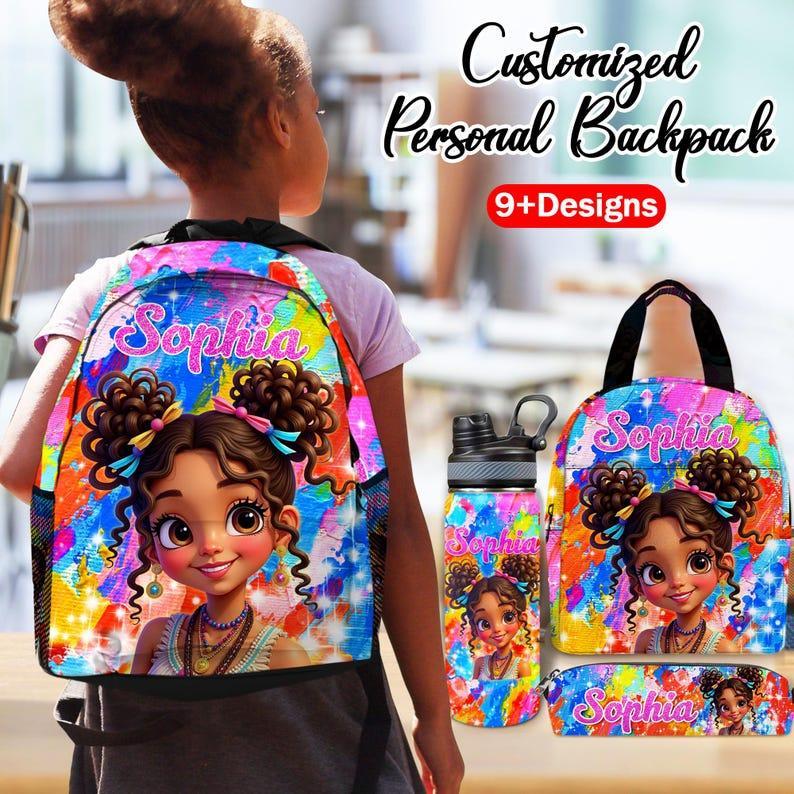 Custom Afro Black Girl Name Backpack, Custom Back-to-School Backpack For Kids, Custom Afro Black Princess Toddler School Bag/Lunch Bag