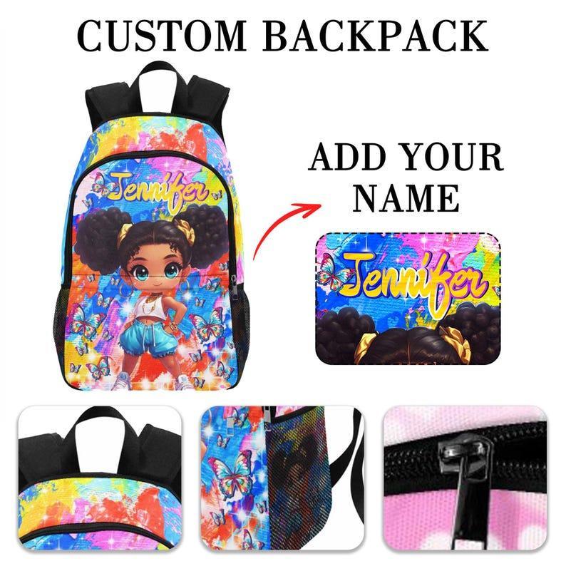 Custom Afro Black Girl Name Backpack, Custom Back-to-School Backpack For Kids, Custom Afro Black Princess Toddler School Bag/Lunch Bag