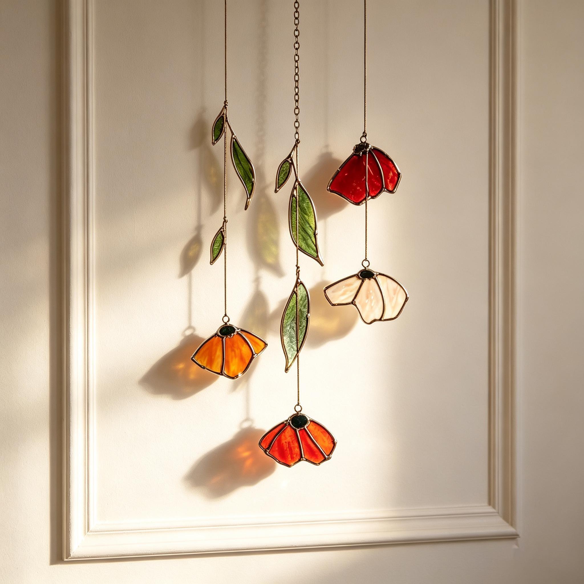 Autumn Poppy Leaf Stained Glass Suncatcher Handmade Floral Wind Chime Porch Window Decor Thanksgiving Gift Custom Garden Light Catcher Art