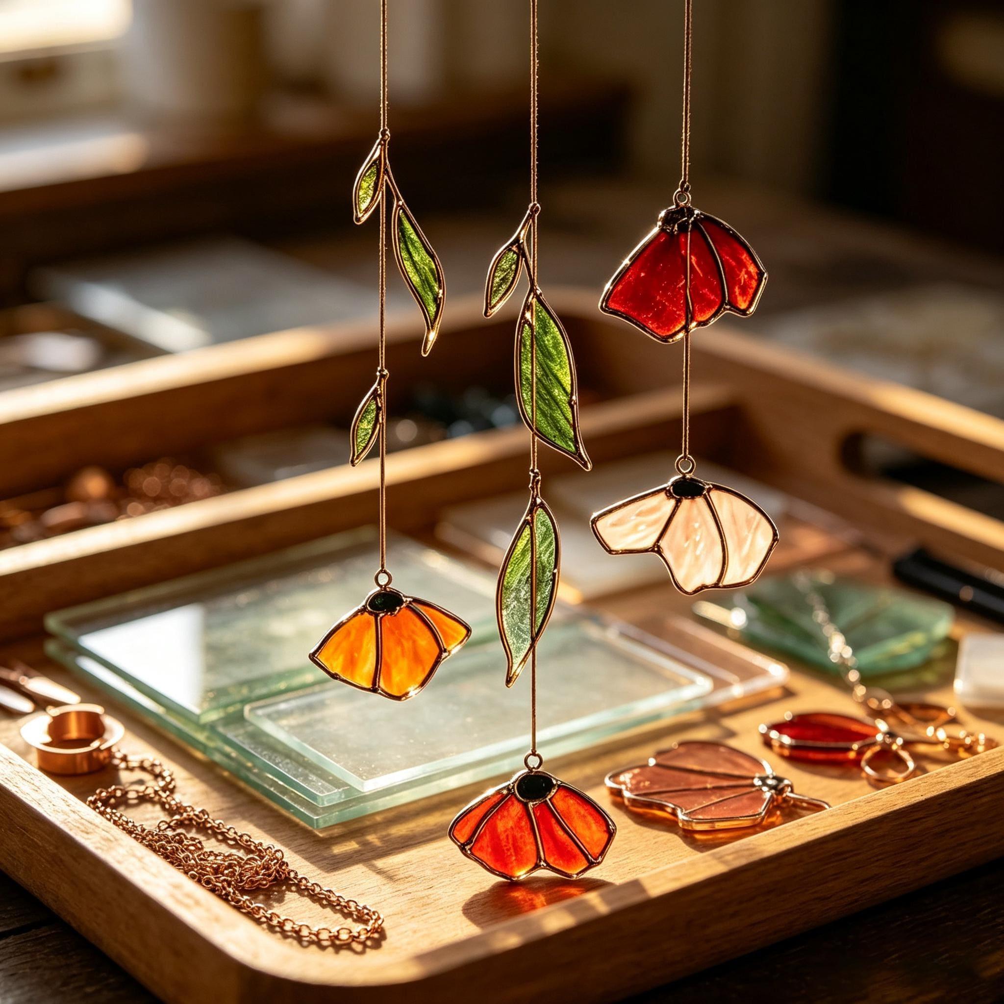Autumn Poppy Leaf Stained Glass Suncatcher Handmade Floral Wind Chime Porch Window Decor Thanksgiving Gift Custom Garden Light Catcher Art
