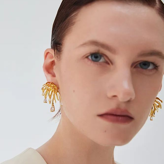 Palms Collection Branches Shape Golden Earrings